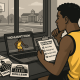 High school basketball player planning college recruiting strategy at desk with laptop and brochures