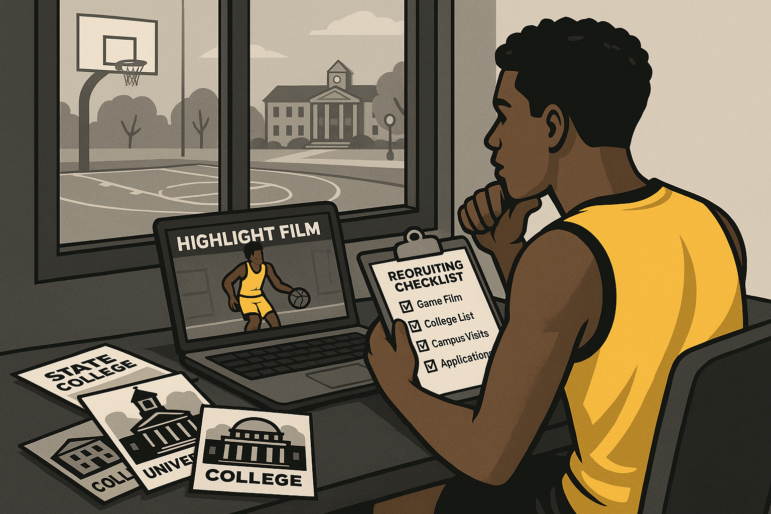 High school basketball player planning college recruiting strategy at desk with laptop and brochures