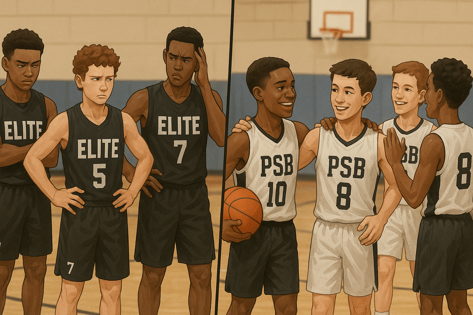 Youth basketball player deciding between elite and local team benches