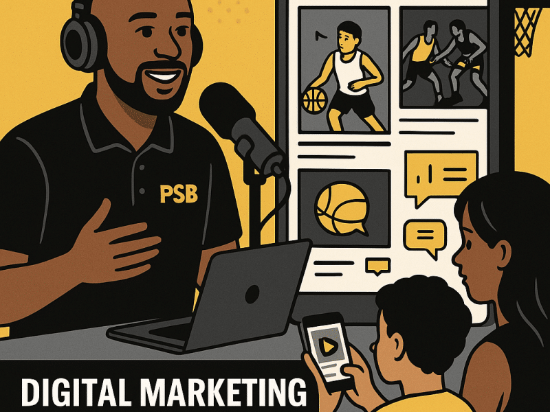 Youth basketball coach records a podcast while kids engage with content on social media.