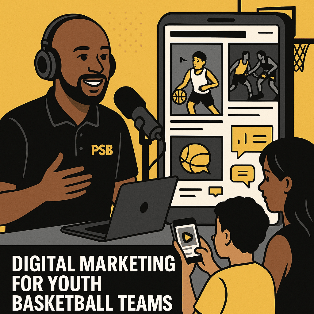 Youth basketball coach records a podcast while kids engage with content on social media.