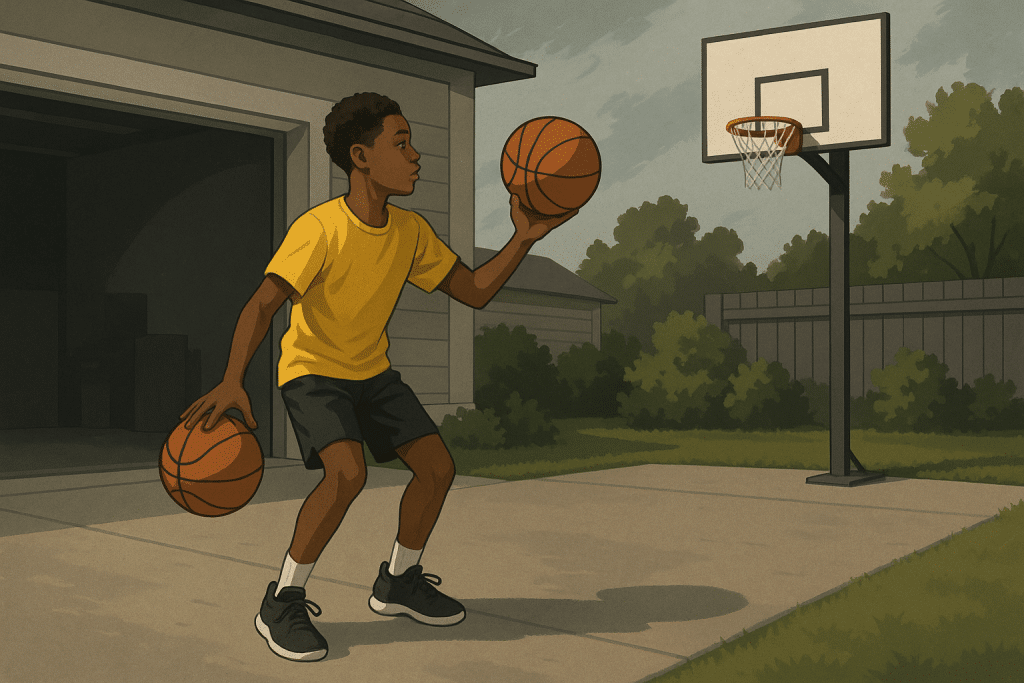 Young basketball player practicing ball-handling and shooting drills at home