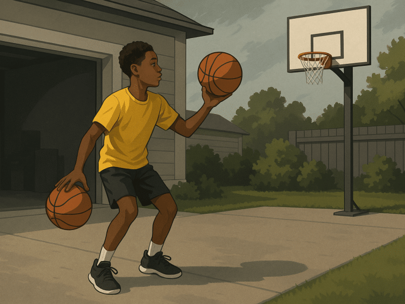 Young basketball player practicing ball-handling and shooting drills at home