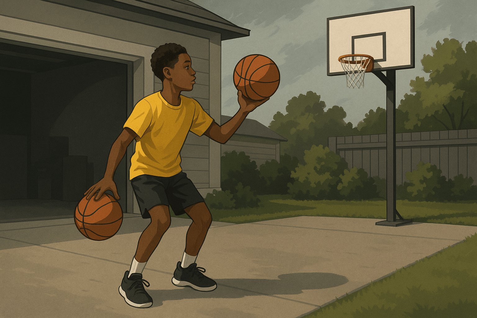 Young basketball player practicing ball-handling and shooting drills at home