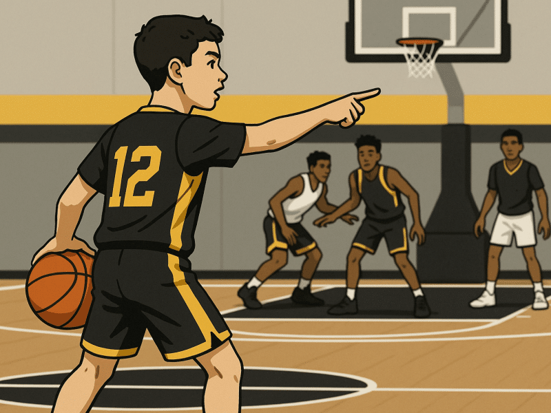 Youth basketball player facilitating the offense by directing teammates and passing