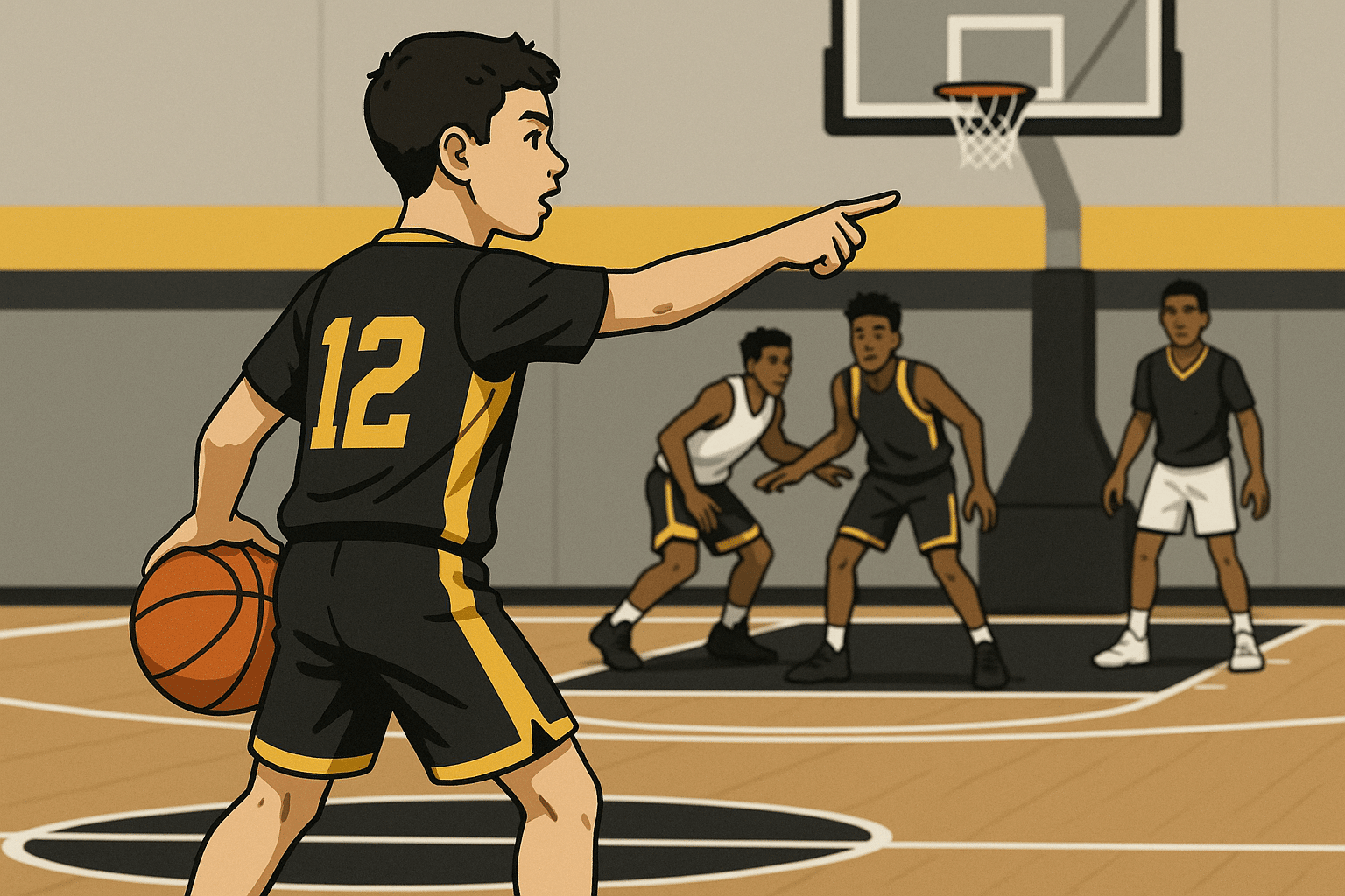 Youth basketball player facilitating the offense by directing teammates and passing