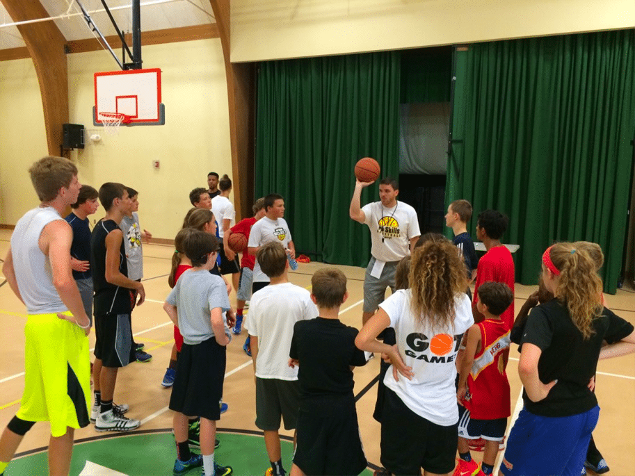 Youth Basketball team learning shooting drills at a Pro Skills Basketball clinic