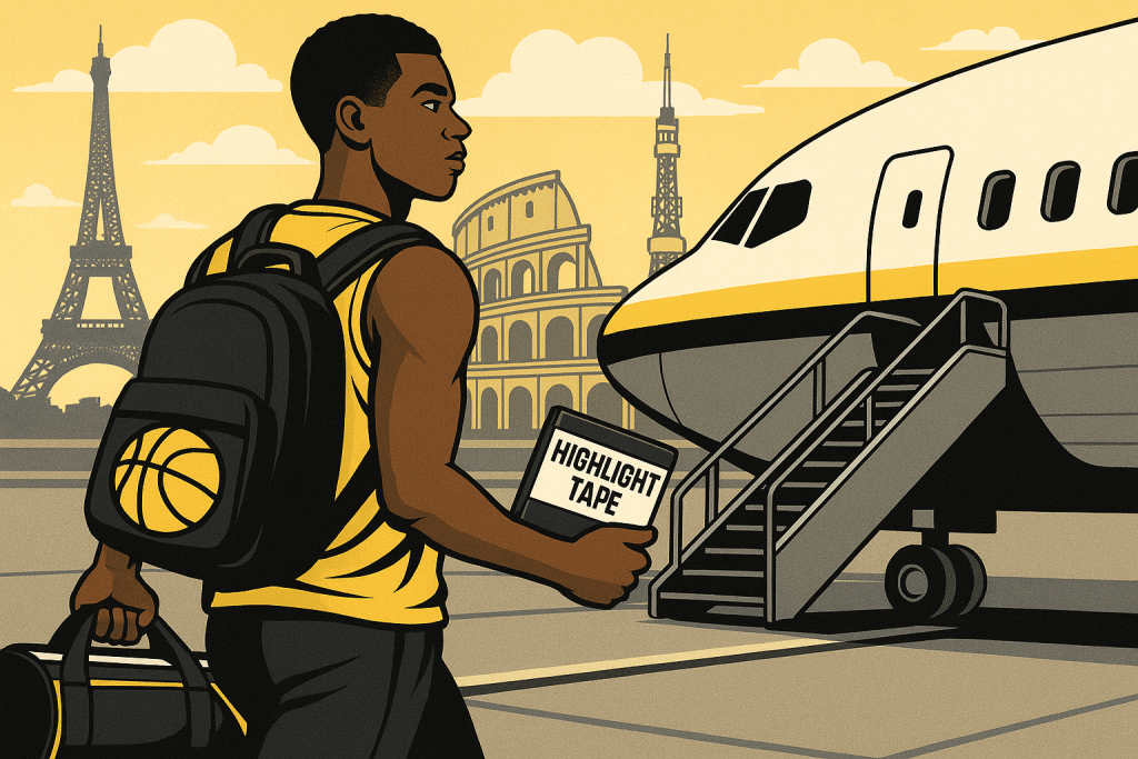 Young basketball player boards plane to pursue overseas career with international landmarks in the background