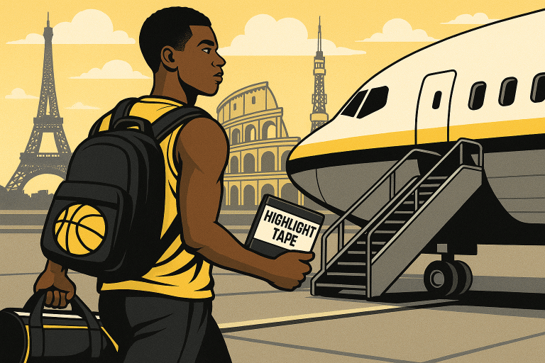 Young basketball player boards plane to pursue overseas career with international landmarks in the background