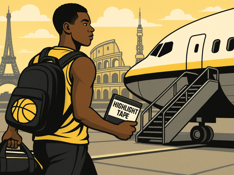 Young basketball player boards plane to pursue overseas career with international landmarks in the background