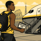 Young basketball player boards plane to pursue overseas career with international landmarks in the background