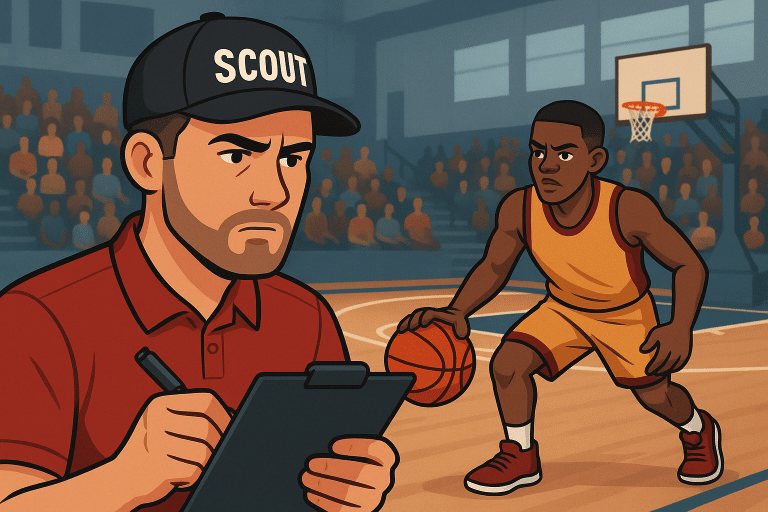 A college basketball scout wearing a cap and holding a clipboard closely observes a young player dribbling on the court during a live game in a crowded gym, capturing the intensity of the recruiting process.