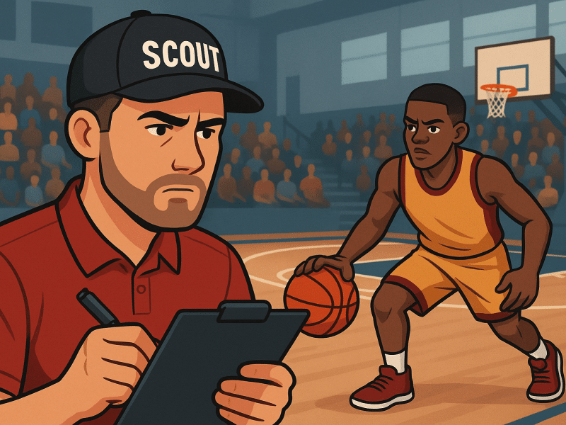 A college basketball scout wearing a cap and holding a clipboard closely observes a young player dribbling on the court during a live game in a crowded gym, capturing the intensity of the recruiting process.
