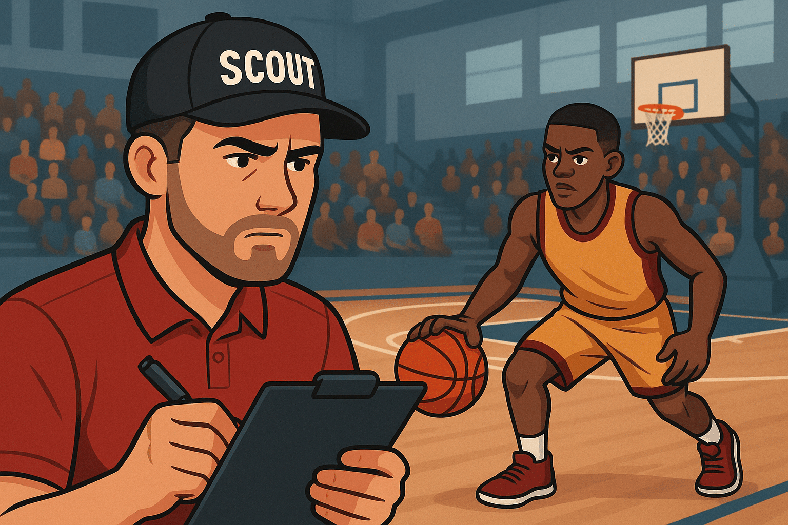 A college basketball scout wearing a cap and holding a clipboard closely observes a young player dribbling on the court during a live game in a crowded gym, capturing the intensity of the recruiting process.