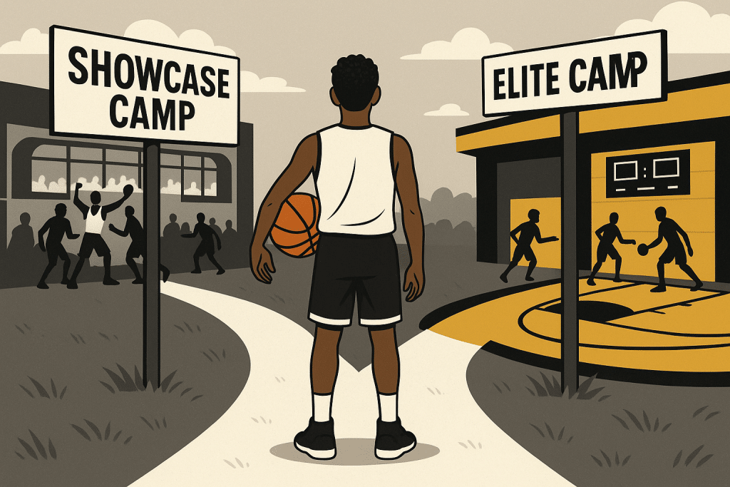 Youth basketball player choosing between showcase exposure camp and elite college camp