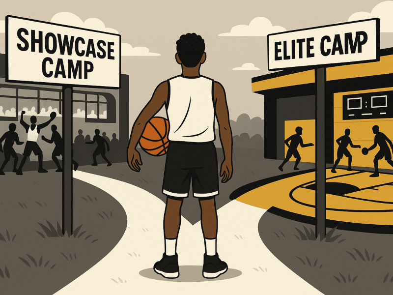 Youth basketball player choosing between showcase exposure camp and elite college camp