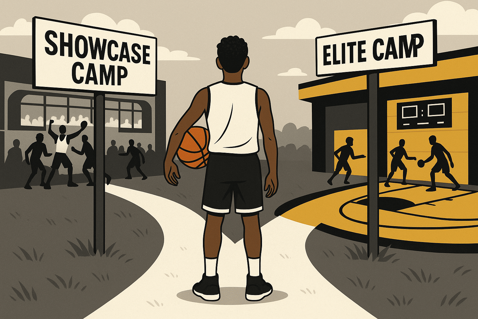 Youth basketball player choosing between showcase exposure camp and elite college camp