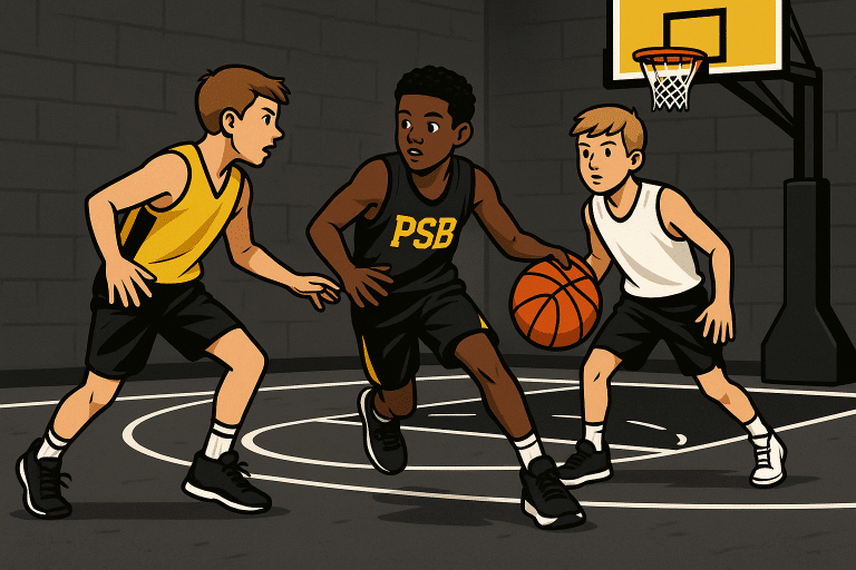 Youth basketball players competing in a 3-on-3 half-court game, showcasing teamwork and skill development.