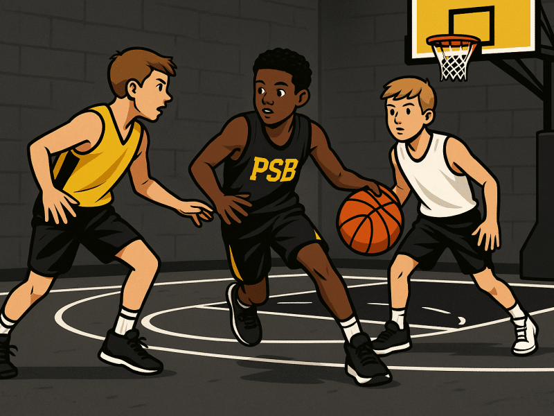 Youth basketball players competing in a 3-on-3 half-court game, showcasing teamwork and skill development.