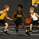 Youth basketball players competing in a 3-on-3 half-court game, showcasing teamwork and skill development.