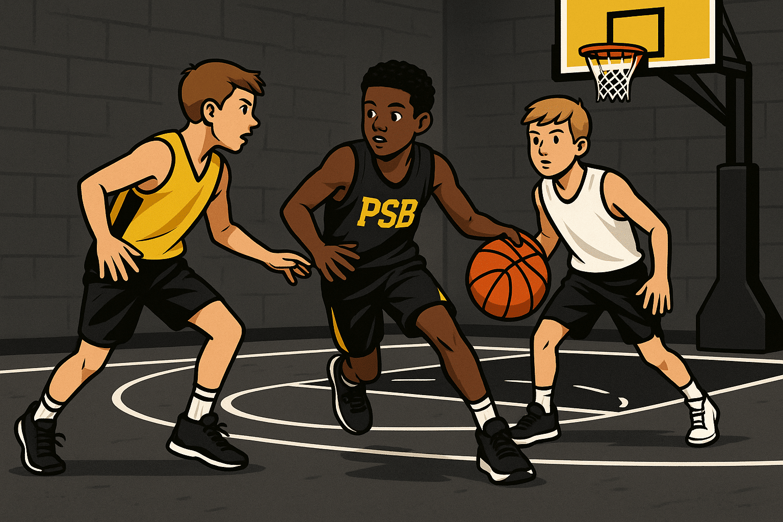 Youth basketball players competing in a 3-on-3 half-court game, showcasing teamwork and skill development.
