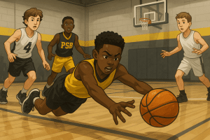 Youth basketball player diving for a loose ball during an intense game with teammates and opponents around.