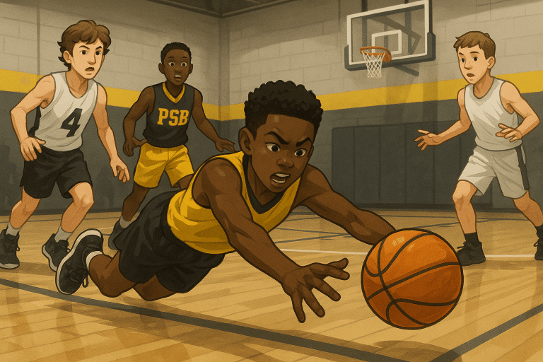 Youth basketball player diving for a loose ball during an intense game with teammates and opponents around.