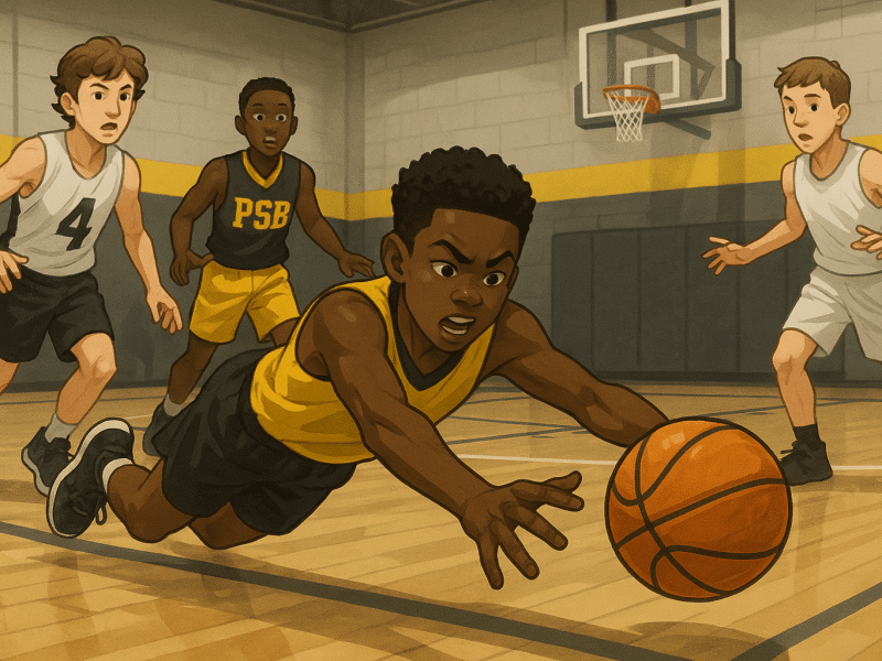 Youth basketball player diving for a loose ball during an intense game with teammates and opponents around.