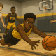 Youth basketball player diving for a loose ball during an intense game with teammates and opponents around.