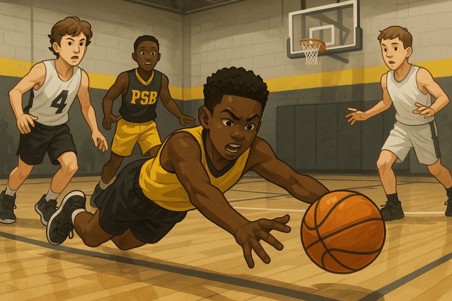 Youth basketball player diving for a loose ball during an intense game with teammates and opponents around.