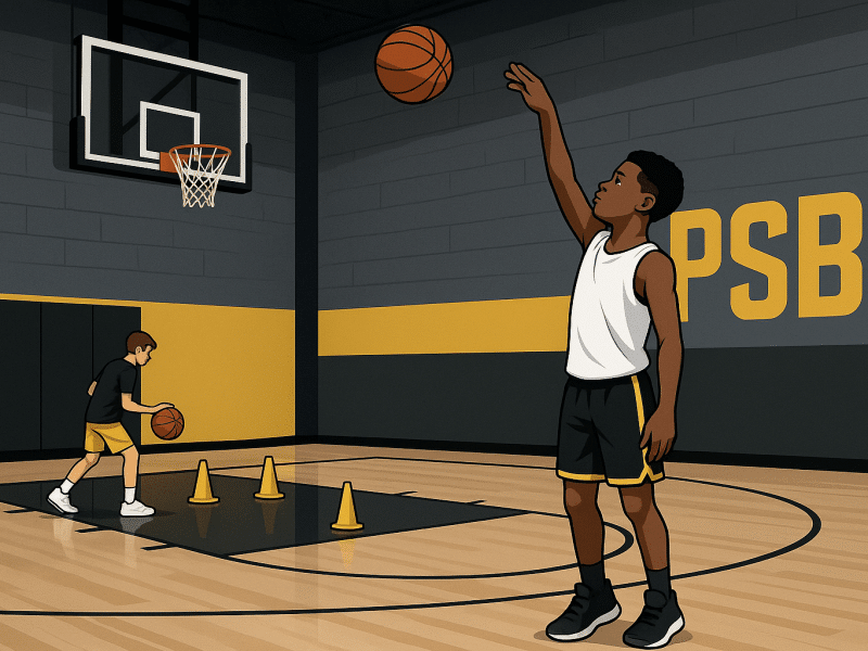 Youth basketball player holding a high follow-through on a jump shot in a gym with PSB brand colors.