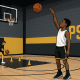 Youth basketball player holding a high follow-through on a jump shot in a gym with PSB brand colors.