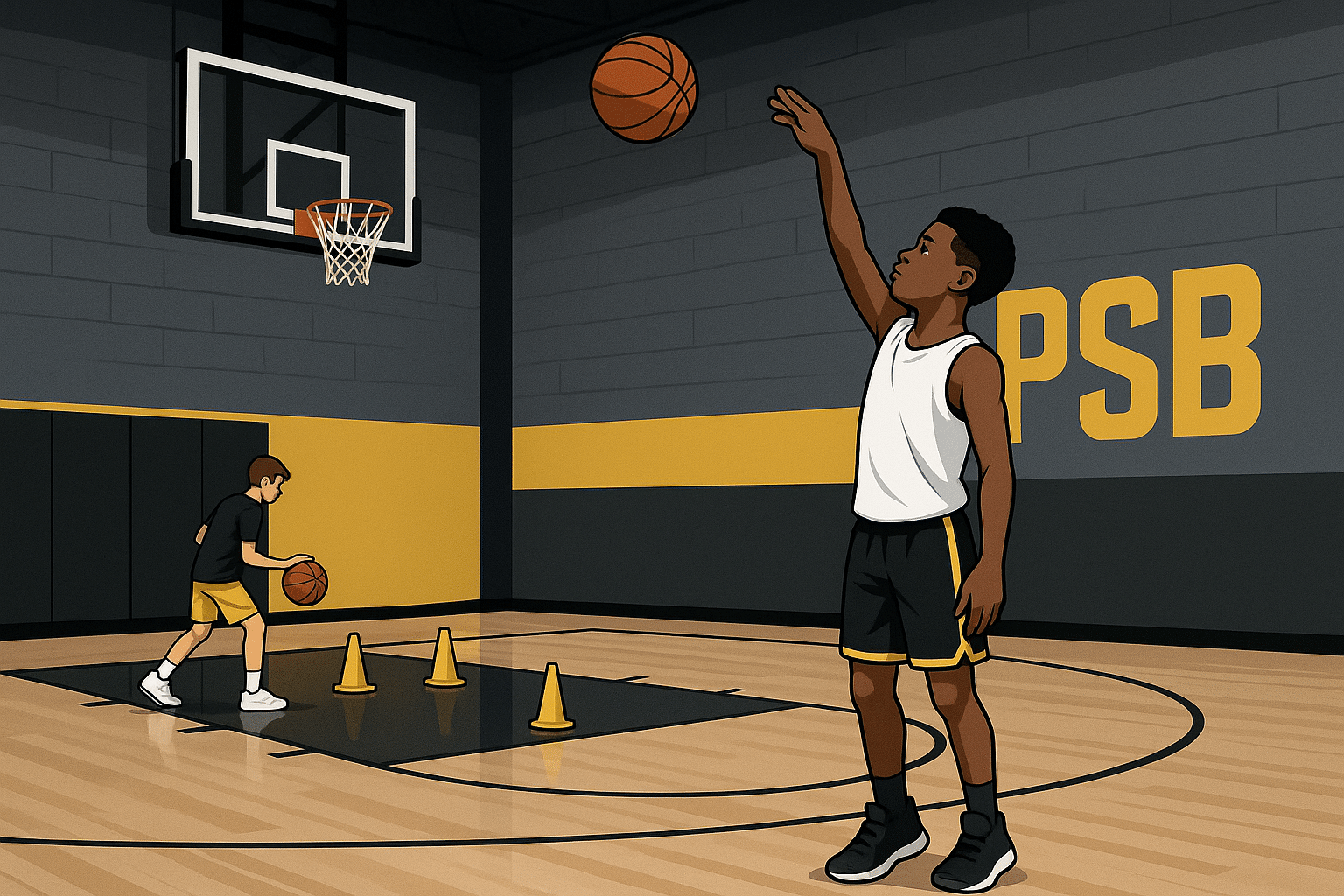 Youth basketball player holding a high follow-through on a jump shot in a gym with PSB brand colors.