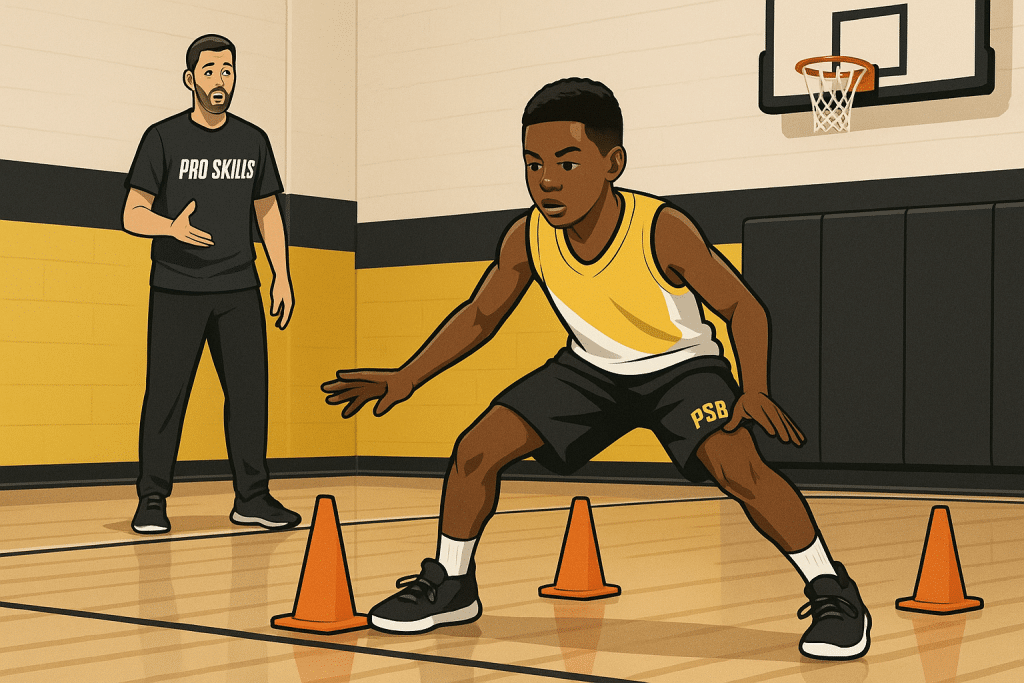 Youth basketball player practicing footwork drills in a gym with cones and a coach watching
