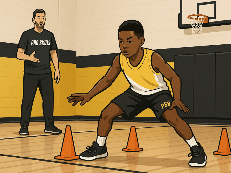 Youth basketball player practicing footwork drills in a gym with cones and a coach watching
