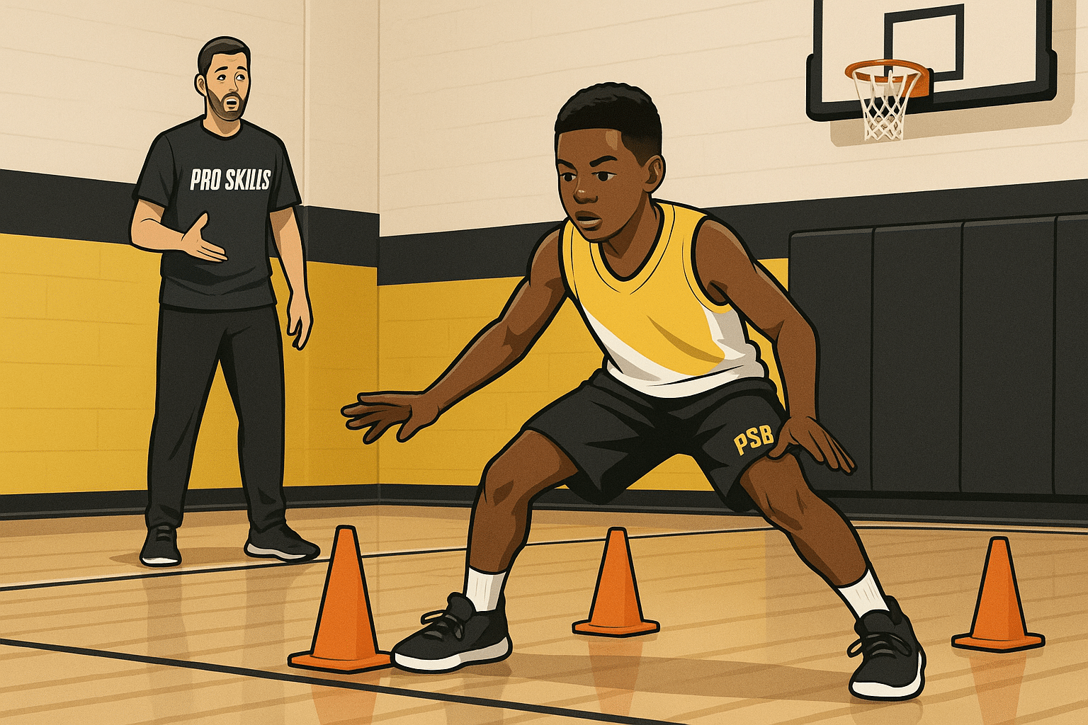 Youth basketball player practicing footwork drills in a gym with cones and a coach watching