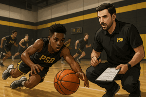 Youth basketball player diving for a loose ball at tryouts while coaches observe.