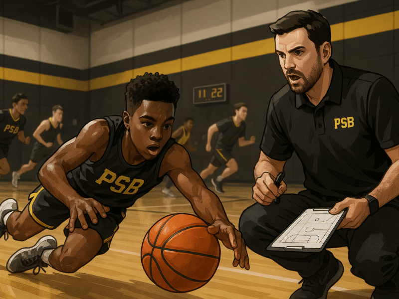 Youth basketball player diving for a loose ball at tryouts while coaches observe.