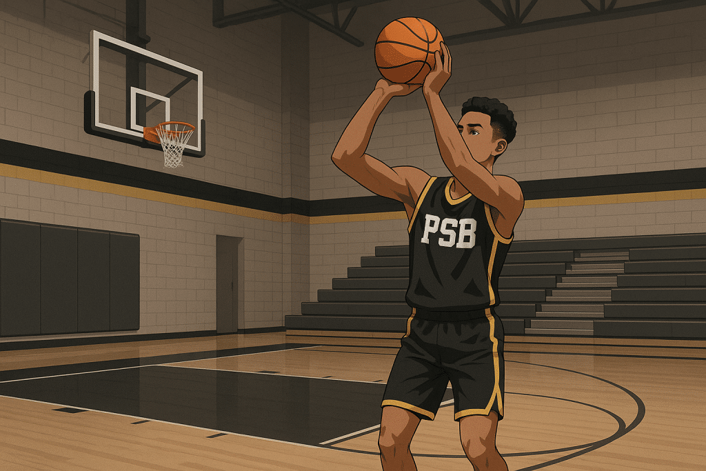 Youth basketball player practicing form shooting in an empty gym with focused expression.