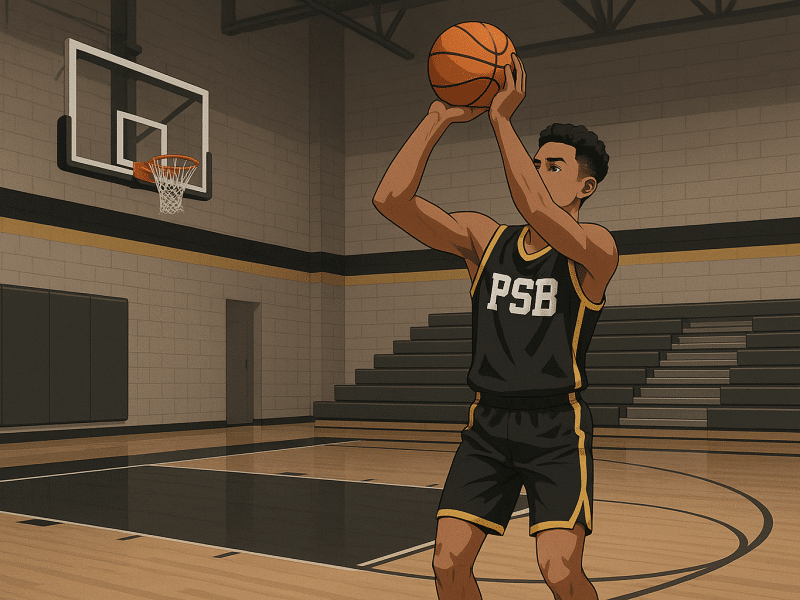 Youth basketball player practicing form shooting in an empty gym with focused expression.