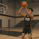 Youth basketball player practicing form shooting in an empty gym with focused expression.