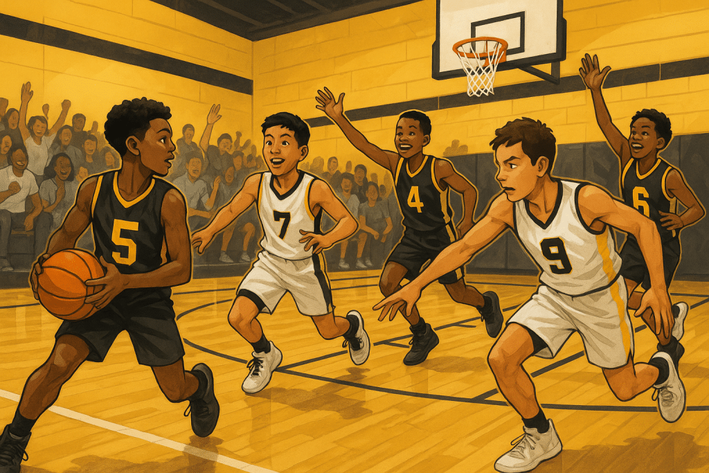 Youth basketball players competing on the court in a dynamic school gym setting, showcasing teamwork and movement.