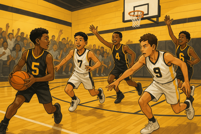 Youth basketball players competing on the court in a dynamic school gym setting, showcasing teamwork and movement.