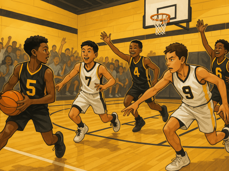 Youth basketball players competing on the court in a dynamic school gym setting, showcasing teamwork and movement.