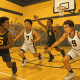 Youth basketball players competing on the court in a dynamic school gym setting, showcasing teamwork and movement.