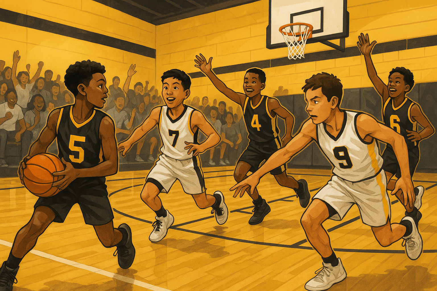 Youth basketball players competing on the court in a dynamic school gym setting, showcasing teamwork and movement.