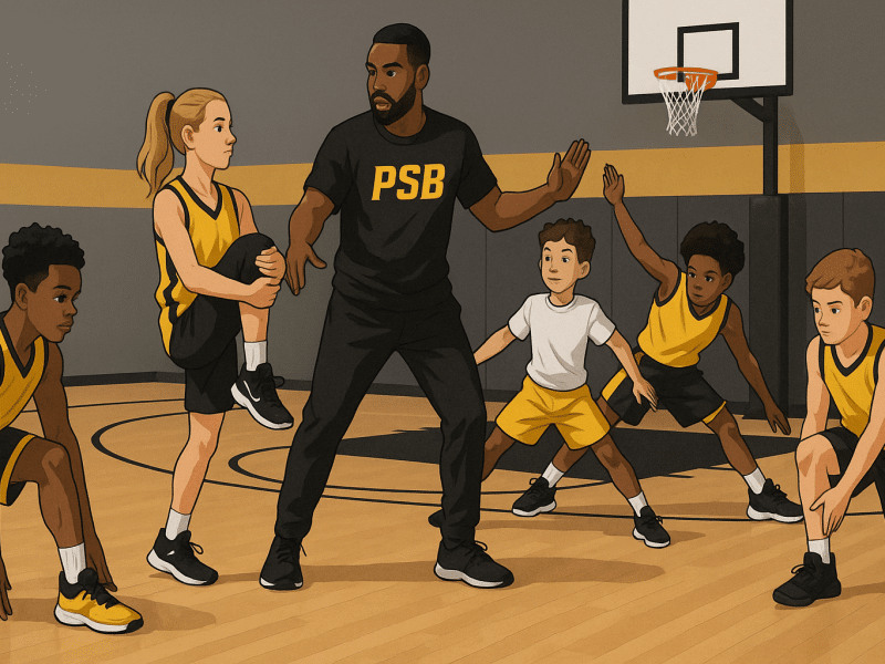 Young basketball players performing dynamic stretches on a court with coach supervision, in PSB brand colors.