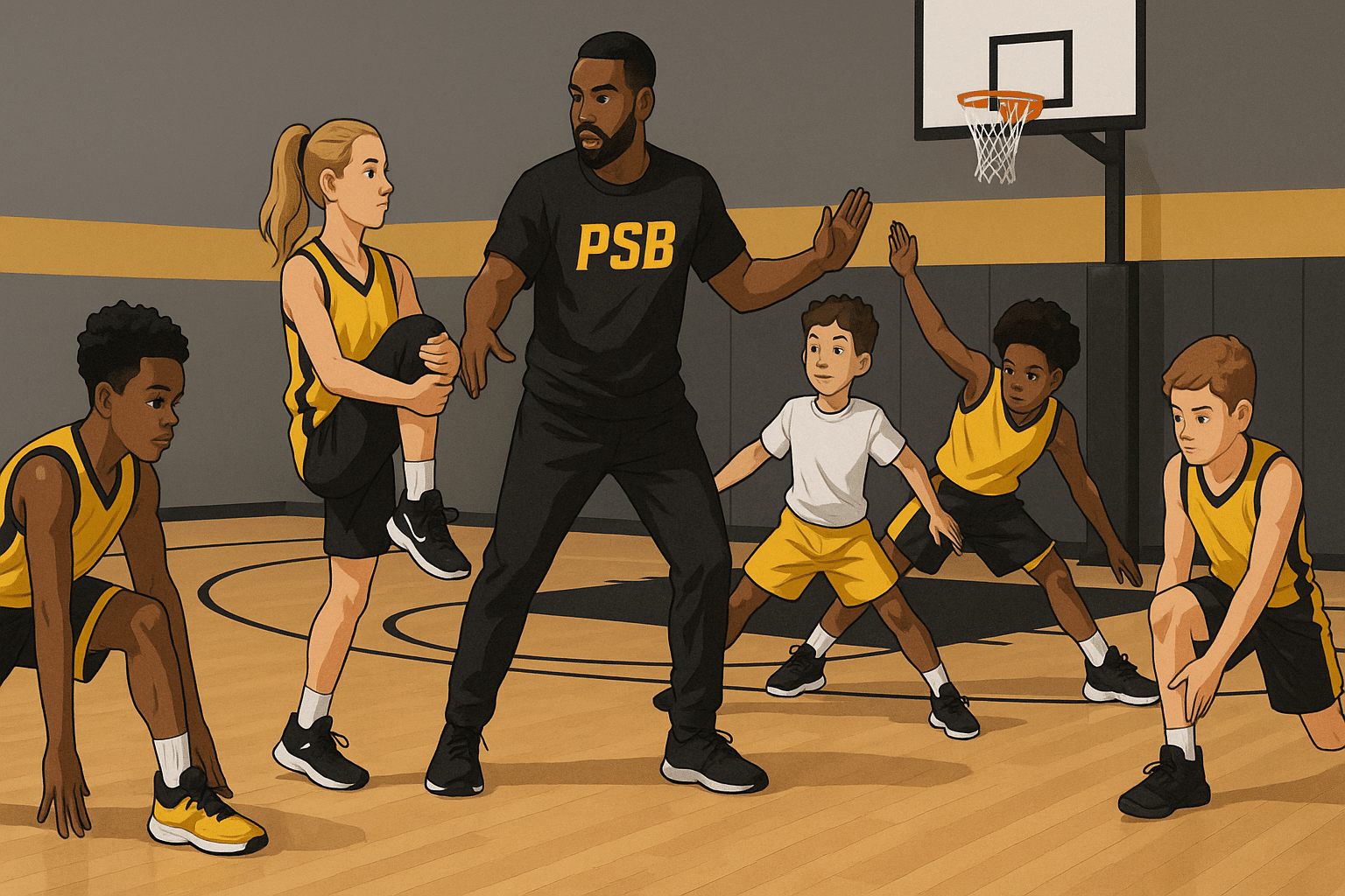 Young basketball players performing dynamic stretches on a court with coach supervision, in PSB brand colors.