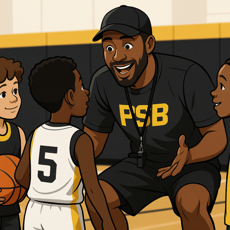 Youth basketball coach enthusiastically guiding a diverse group of young players through drills on the court, reflecting a growth mindset and inclusive team culture.
