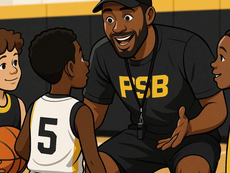 Youth basketball coach enthusiastically guiding a diverse group of young players through drills on the court, reflecting a growth mindset and inclusive team culture.